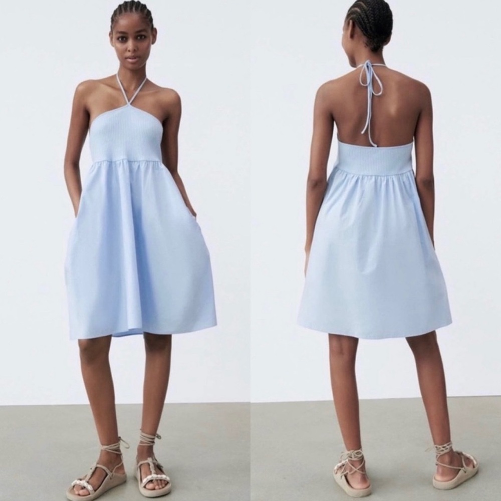 Zara Light Blue Backless Halter Sundress